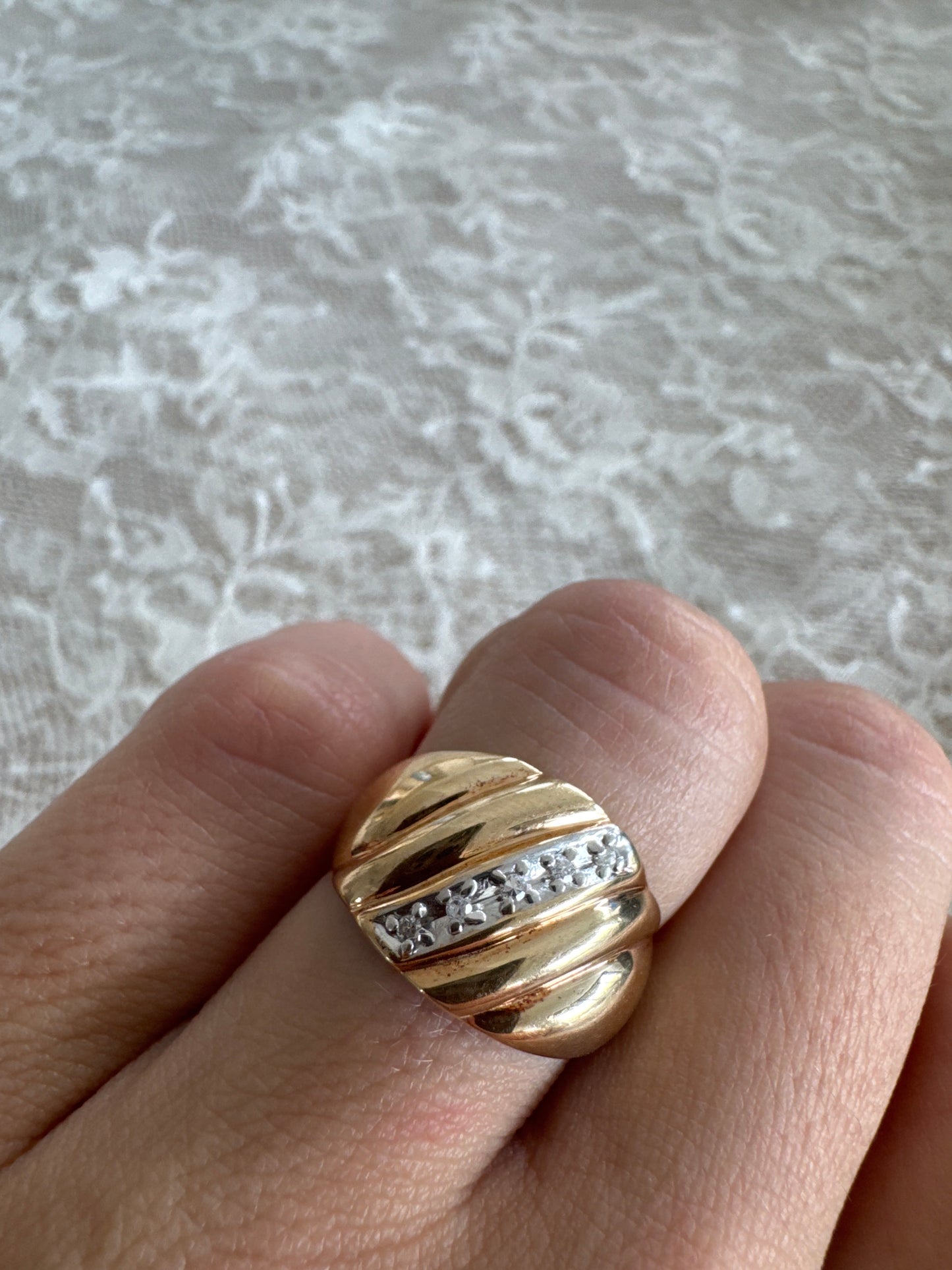 estate 10K two-tone gold wide ribbed diamond dome ring