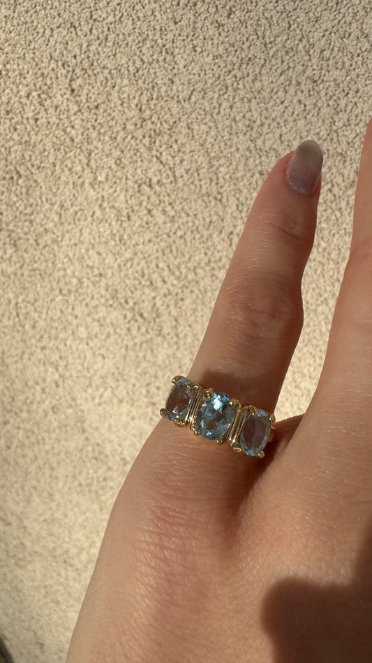 vintage 14k yellow gold trilogy blue topaz ring
