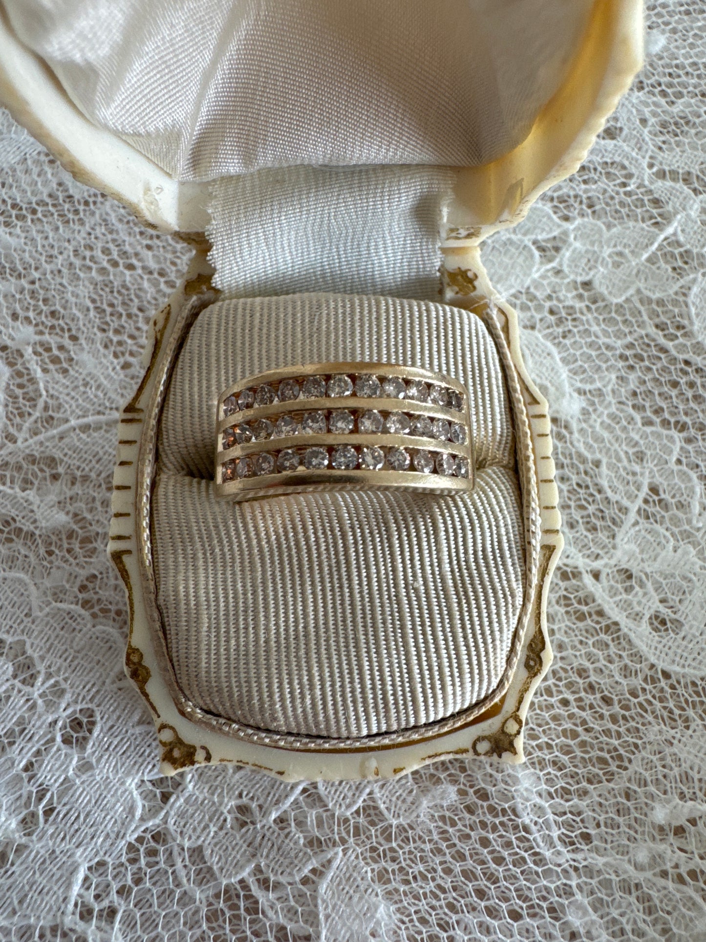 estate 10k yellow gold 3 row channel set diamond ring