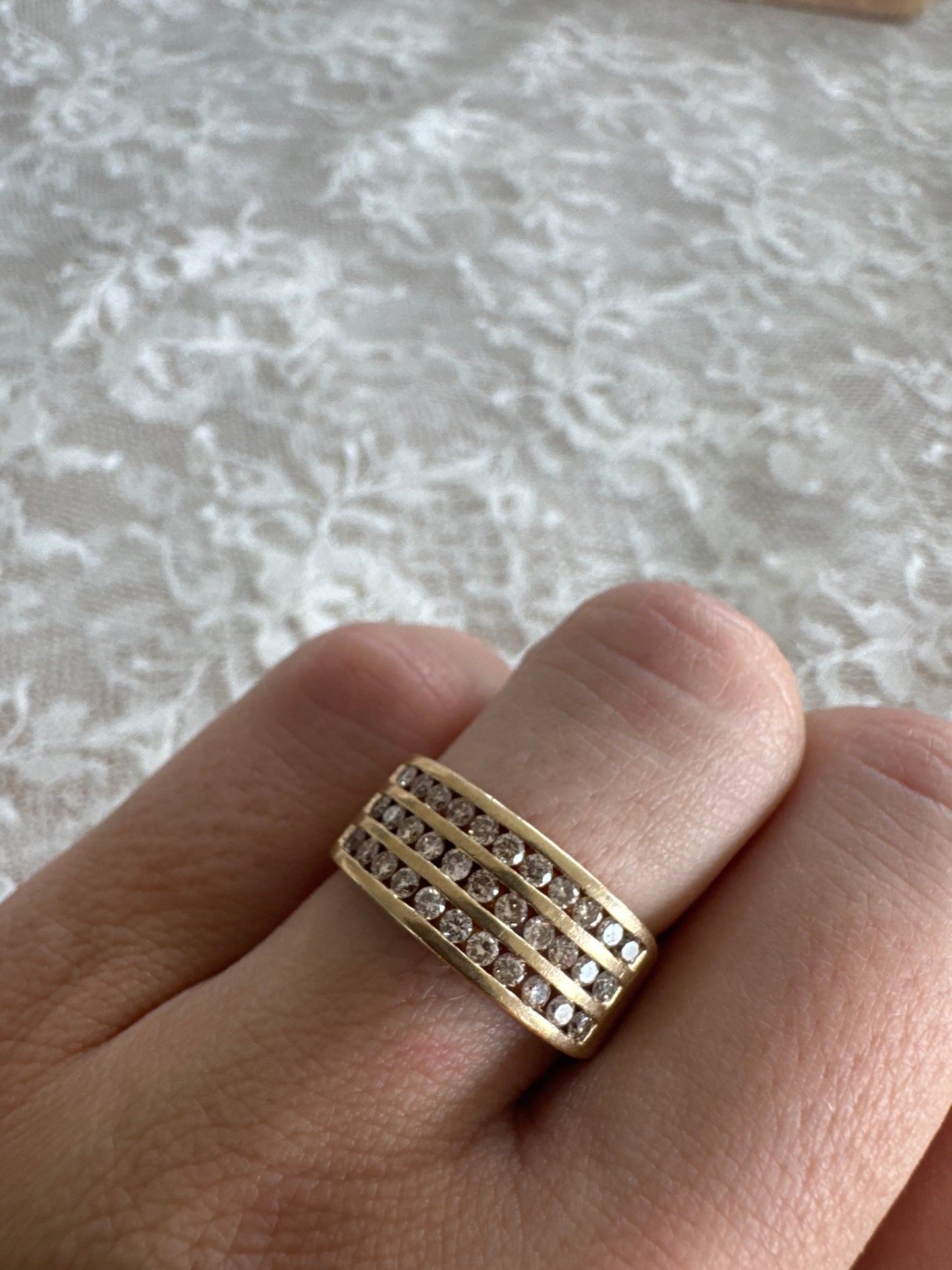 estate 10k yellow gold 3 row channel set diamond ring