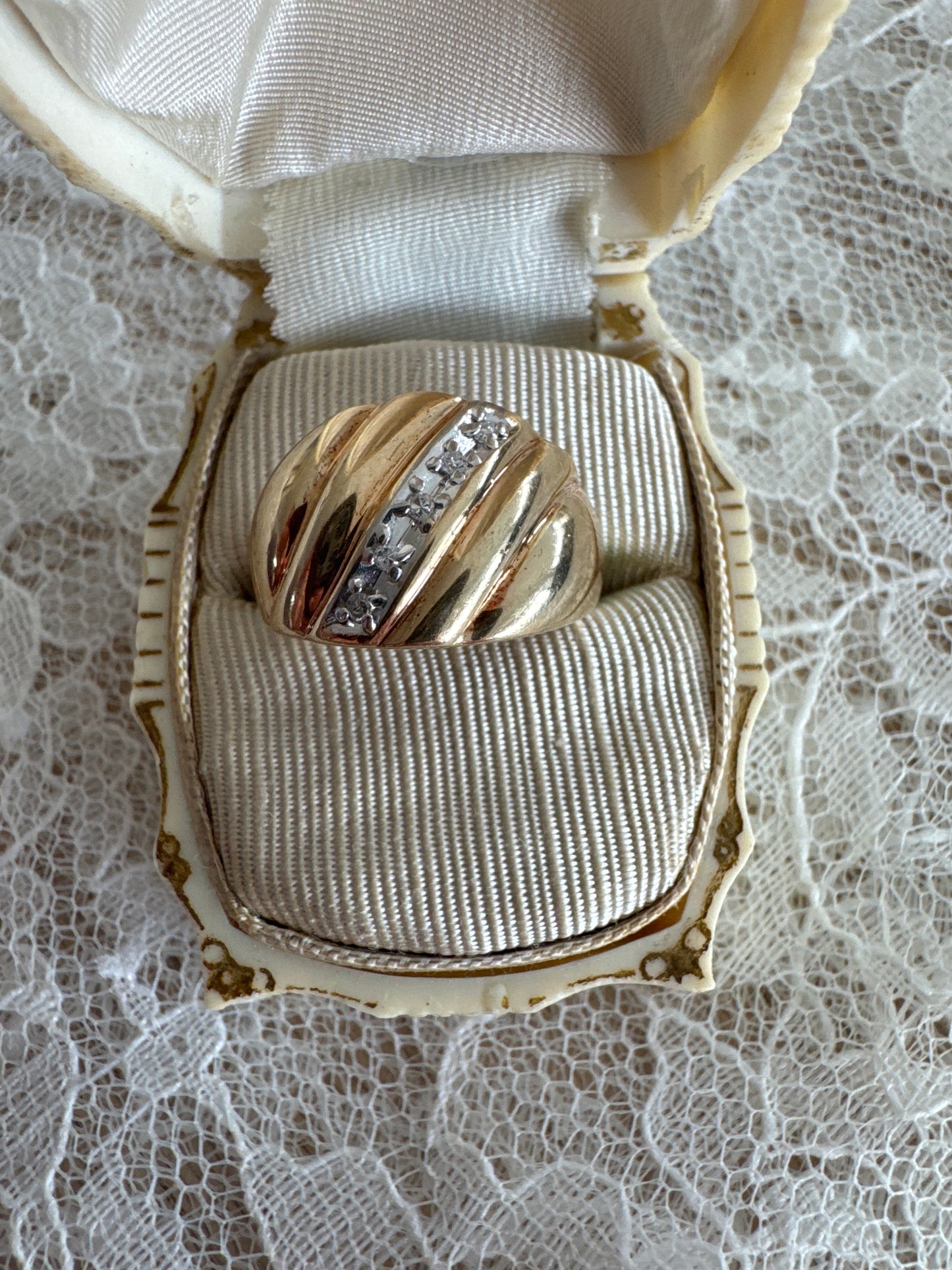 estate 10K two-tone gold wide ribbed diamond dome ring
