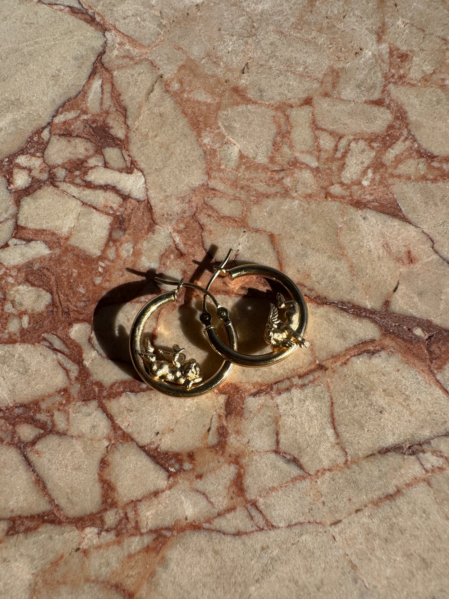 vintage 14k yellow gold cherub hoops
