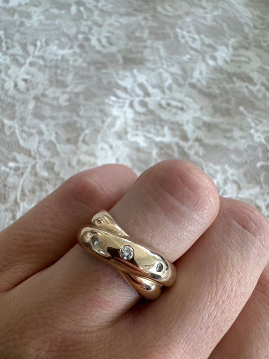 vintage 14k yellow gold 3 diamond crossover ring